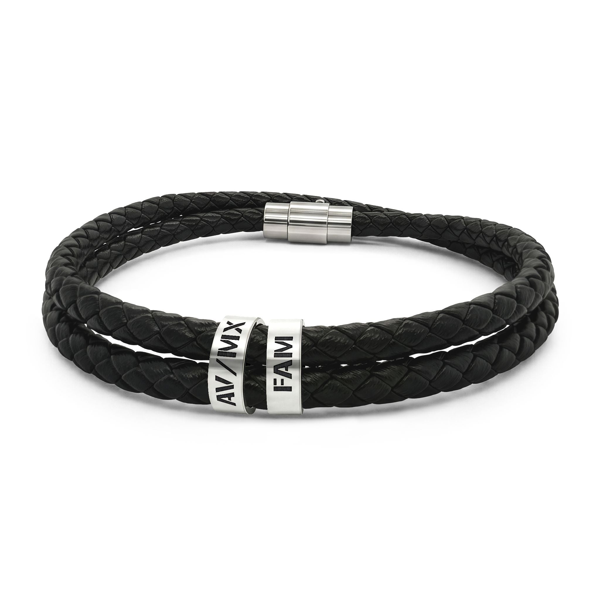 Engraved Black Leather Beaded Bracelet — Personalized Men’s Double Wrap