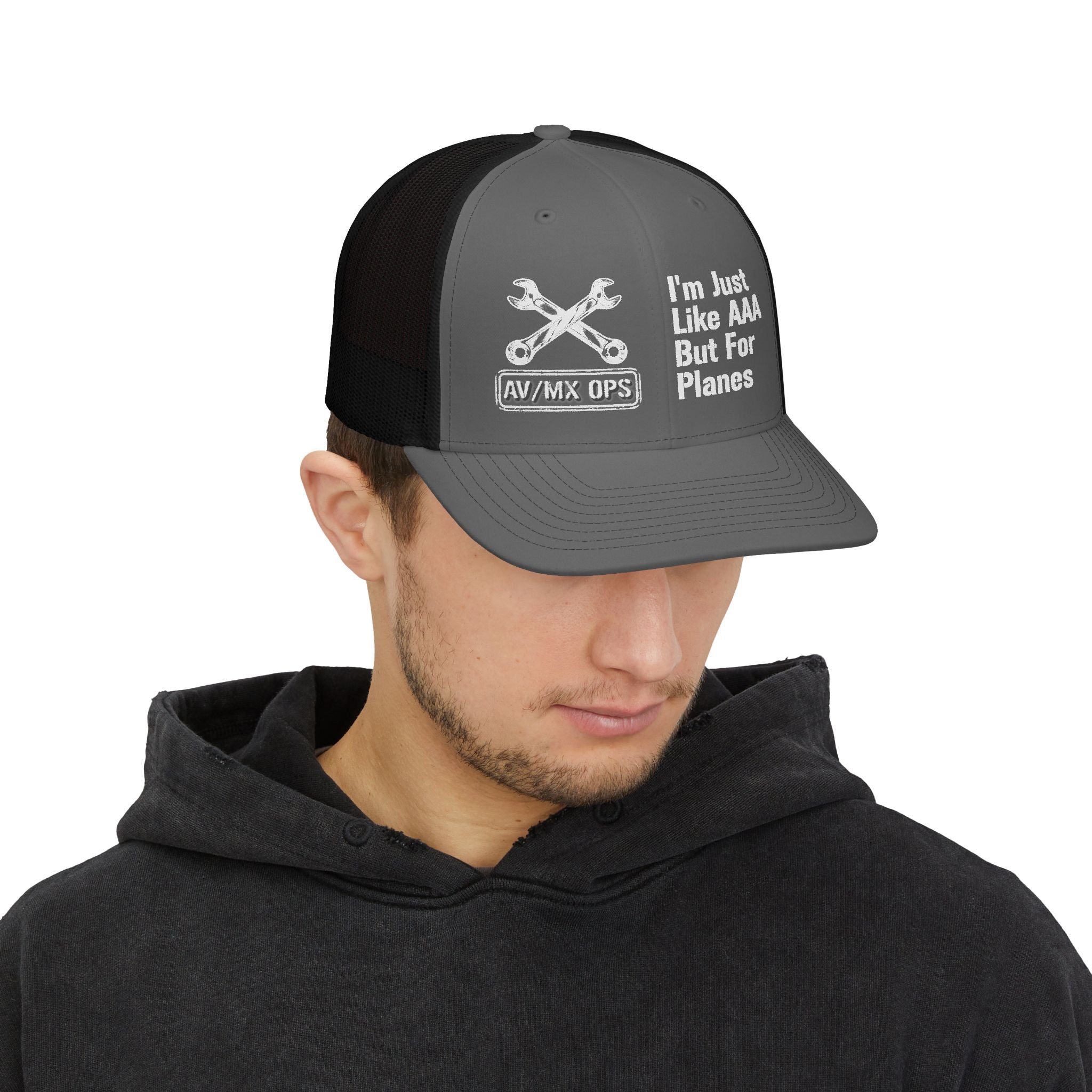 Aviation Mechanic Trucker Cap – "I'm Just Like AAA But For Planes" Mesh Snapback