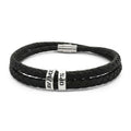 Engraved Black Braided Leather Bracelet with Stainless Steel Beads – Personalized Men's Bracelet