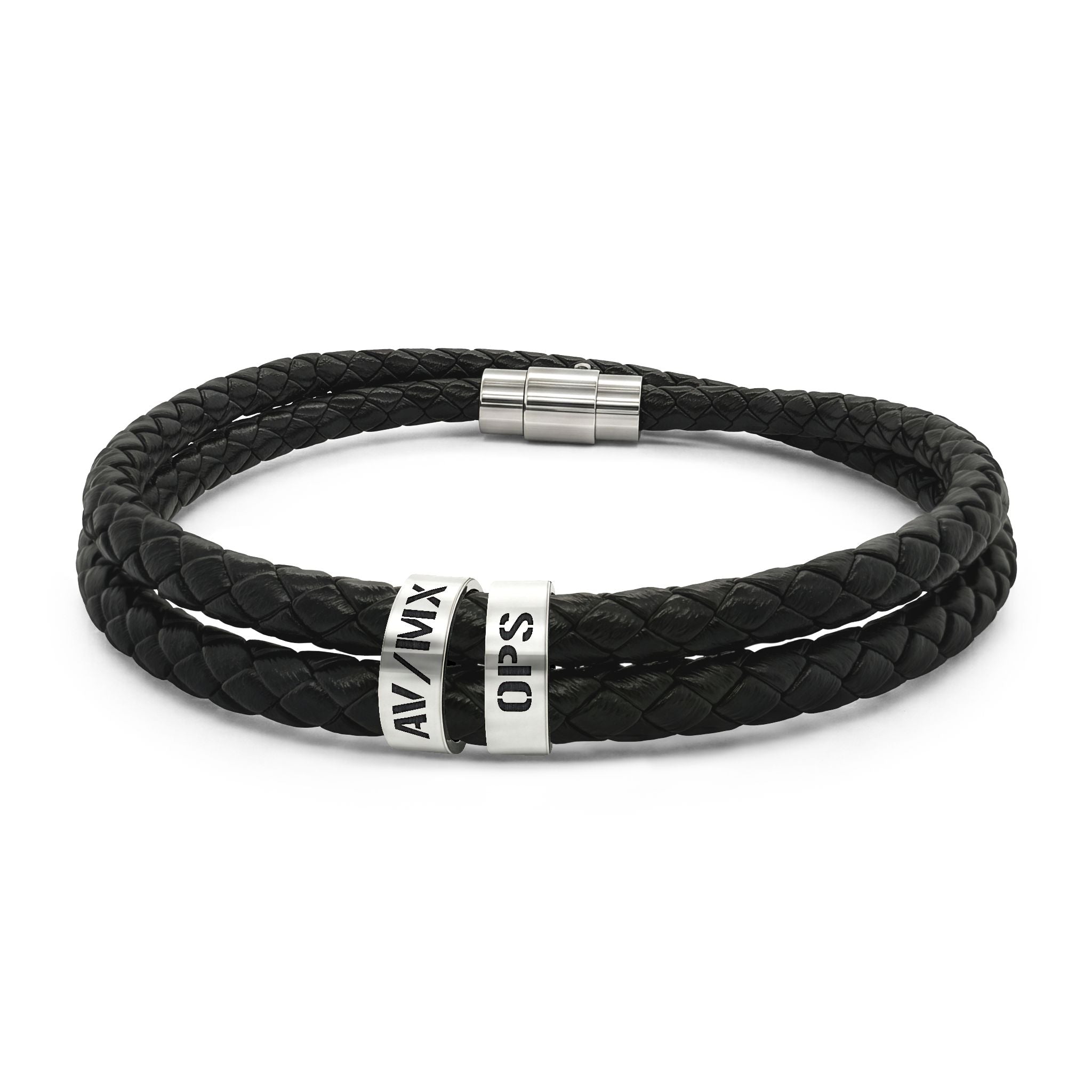 Engraved Black Braided Leather Bracelet with Stainless Steel Beads – Personalized Men's Bracelet