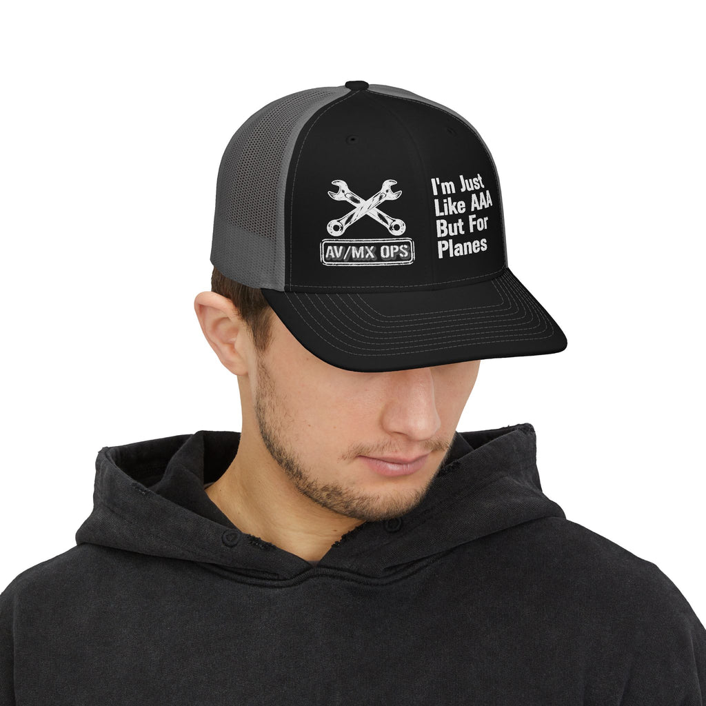 Aviation Mechanic Trucker Cap – "I'm Just Like AAA But For Planes" Mesh Snapback