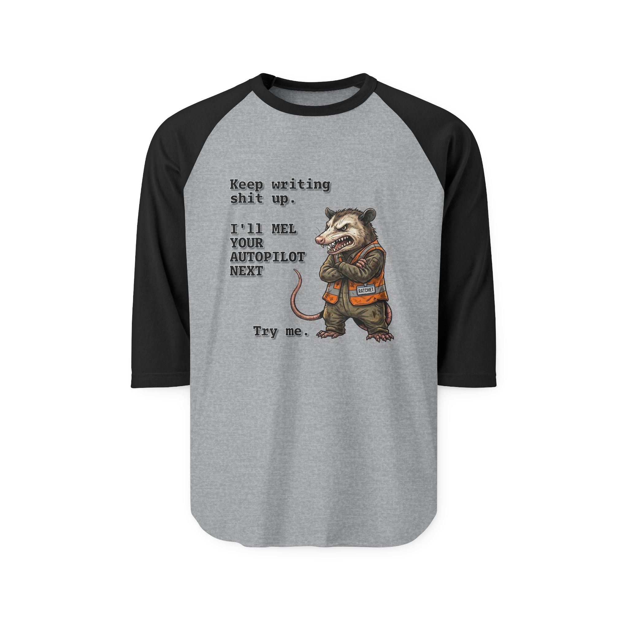 Possum Mechanic Raglan Shirt — "Keep Waiting, Shit Up" Vintage Possum Illustration