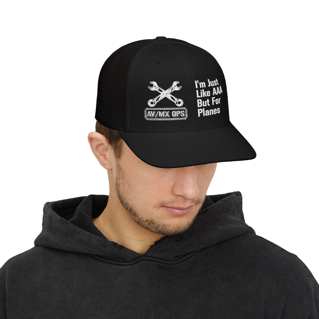 Aviation Mechanic Trucker Cap – "I'm Just Like AAA But For Planes" Mesh Snapback